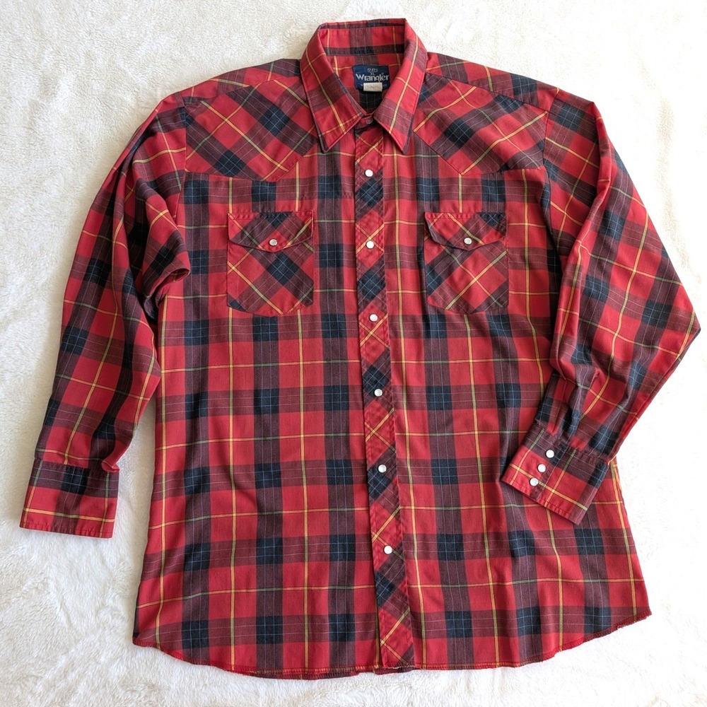 Wrangler Western Vintage Shirt Mens XL Red Plaid Pearl Snap Long Sleeve Cowboy